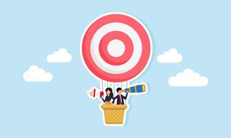 A businessman use a telescope and another speak through a megaphone while ride a hot air balloon with a target board, illustration of monitor and educating about the business targets vector