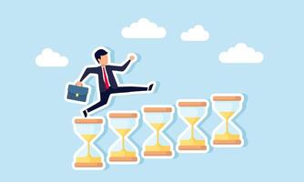 A businessman runs and leaps over a row of hourglasses, illustration of being chased by time to complete multiple business projects simultaneously vector