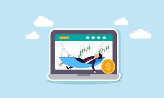 A businessman relaxing on a hammock hanging from a laptop displaying stock charts with dollar coins, illustration of enjoying strong investment asset performance vector