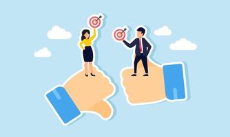 A businessman stands on a thumbs-up sign and a businesswoman on the opposite side, each holding a target board, illustration of differing opinions in setting business targets vector
