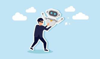 A thief carrying an AI robot, illustration of stealing ideas and sabotaging AI use in a business company vector