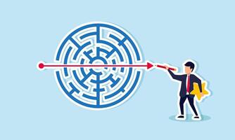 A businessman carrying a star and pencil drawing a straight line on a labyrinth, illustration of solving business problems to improve ratings and business quality vector