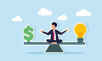 A businessman sitting in the middle of a seesaw with a dollar sign at each end and a lightbulb on the other, illustration of the price to pay for relevant business ideas and innovations vector