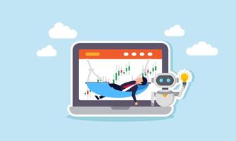 A businessman relaxing on a hammock hanging from a laptop displaying stock charts with an AI robot, illustration of enjoying strong business performance through AI implementation vector