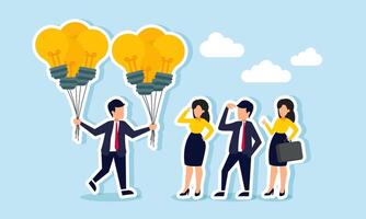 A businessman carries many lightbulb balloons and shows them to partner, illustration of showcasing success from implementing business ideas and innovations to a partner vector
