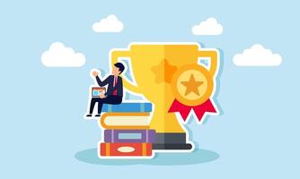 A businessman with a laptop sits on a pile of books next to trophies and awards, illustration of completing many business projects and receiving awards for it vector