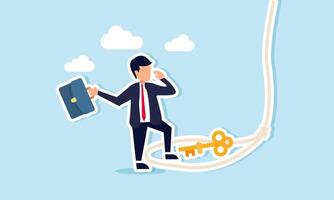A businessman walking, about to be trapped by a rope looping around a key, illustration of being trapped with a deceptive solution that harms the business vector