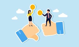 A businessman stands on a thumbs-up sign and a businesswoman on the opposite side, each holding a dollar coin, illustration of differing on using Bitcoin as an investment strategy vector