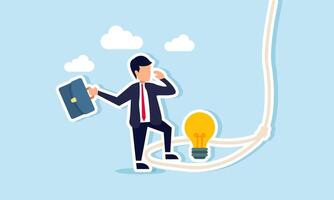 A businessman walking, about to be trapped by a rope looping around a light, illustration of being trapped by irrelevant ideas and innovations, causing loss vector