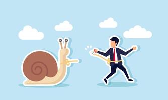 A businessman cuts the rope binding him with a snail using scissors, illustration of breaking free from things slowing down a business company's performance vector