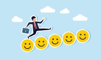 A businessman runs and leaps over a row of smiling emoticons, illustration of receiving positive attention for great business performance vector