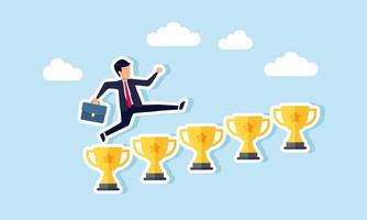 A businessman runs and leaps over a row of trophies, illustration of receiving multiple awards for great business performance vector
