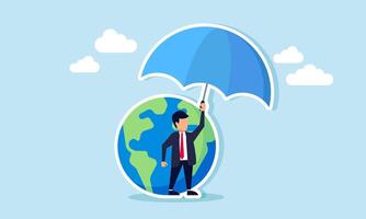 A businessman standing next to a globe, shielding it with an umbrella, illustration of protecting the Earth from business practices that harm the environment and ignore go green vector