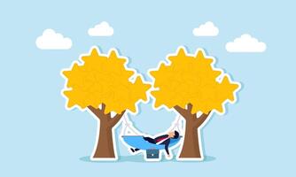 A businessman relaxes in a hammock tied to two star-shaped trees, illustration of enjoying business performance with high ratings and good product quality vector