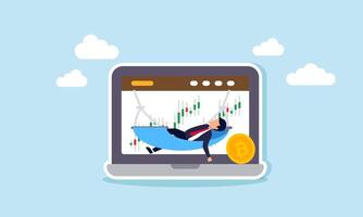 A businessman relaxing on a hammock hanging from a laptop displaying stock charts with bitcoin, illustration of enjoying strong bitcoin investment asset performance vector
