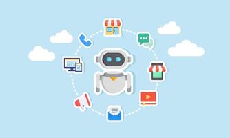 An AI robot surrounded by items related to business marketing management, illustration of using AI for business management effectiveness and efficiency vector