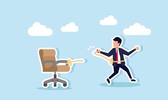 A businessman cuts the rope tying him to an office chair with scissors, illustration of resigning from a job that hinders personal and career development vector