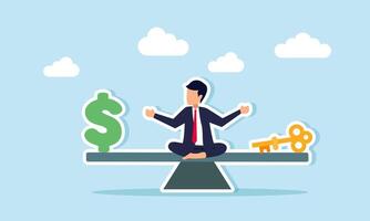 A businessman sitting in the middle of a seesaw with a dollar sign at each end and a key on the other, illustration of the price to pay for solutions to business problems vector