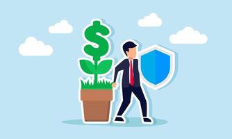 A businessman holds a shield and stands beside a dollar plant, illustration of the importance of using insurance for business investment assets vector