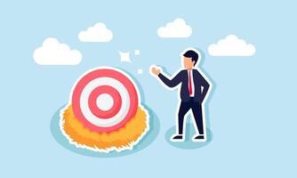A businessman stands next to a bird's nest filled with a target board, illustration of maintaining business targets to achieve them accurately vector
