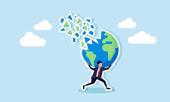 A businessman holds a globe with pieces scattering, illustration of saving the Earth from business practices damaging the planet and nature vector
