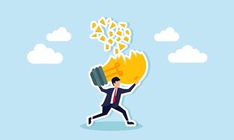 A businessman holds a broken lamp with pieces scattering, illustration of saving business ideas and innovations while they are still relevant to the current business vector
