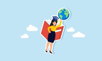 A businesswoman graduate with a graduation cap flying using a book and holding a globe, illustration of international business literacy enabling analysis of emerging business trends vector