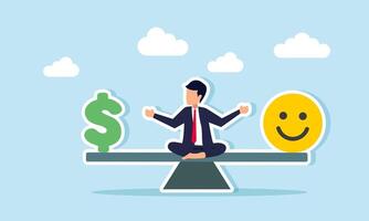 A businessman sitting in the middle of a seesaw with a dollar sign at each end and a smiley emoticon on the other, illustration of the price to pay for attracting market attention vector