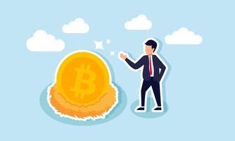 A businessman stands next to a bird's nest filled with bitcoin, illustration of caring for and securing bitcoin investment assets vector