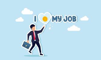 A happy businessman pointing to a love sign filled with bitcoin on the text I LOVE MY JOB, illustration of loving work based on interest in bitcoin vector