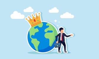 A businessman stands next to a crown globe, illustration of expertise in creating an international business that is recognized worldwide vector