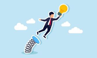 A businessman holds a bouncing lamp flying off a springboard, illustration of increasing and high-quality business ideas and innovations vector