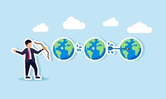 Businessman shooting arrows at a row of globes, illustration of targeting markets for a marketing strategy vector