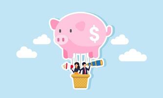 A businessman use telescope and another speaking through a megaphone while ride a hot air balloon shaped like a piggy bank, illustration of monitor and educate investment vector