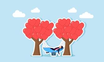 A businessman relaxes in a hammock tied to two heart-shaped trees, illustration of enjoying business performance with lovable products vector