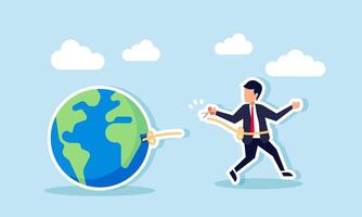 A businessman cuts the rope tying him to the globe with scissors, illustration of breaking free from bad influences in global business that hinder company performance vector