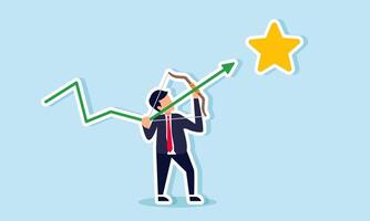 A businessman tries to shoot a star with a green arrow graph, illustration of targeting to raise the company's business rating vector