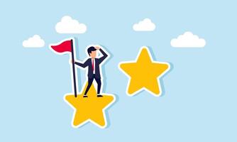 Businessman stands holding a flagpole above a star while monitoring the star in front of him, illustration of step by step achieving better company ratings for business quality recognition vector