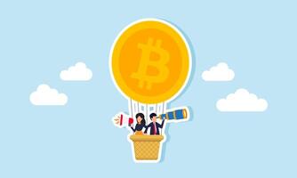 A businessman use a telescope and another speak with a megaphone while ride a hot air balloon shaped like Bitcoin, illustration of monitor investment and educate about Bitcoin vector