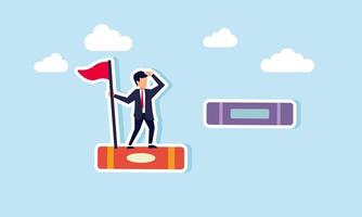 Businessman stands holding a flagpole above a book while monitoring the book in front of him, illustration of step by step completing a project report as validation of business project work vector