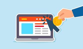 Showing bitcoin to a cursor pointing at a marketplace website on a laptop, illustration of promoting bitcoin investment through a website platform vector