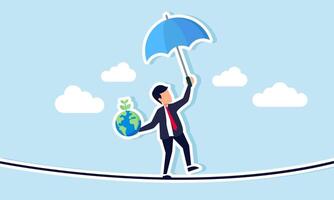 businessman holding an umbrella, globe, and plant, standing unbalanced on a rope and aiming to cross it, illustration of sustaining earth's ecosystem by keeping business go green vector