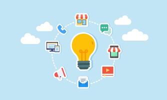 A lamp surrounded by items related to business marketing management, illustration of the need for ideas and innovations for business development vector