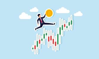 A businessman holding bitcoin jumping over a stock chart, illustration of progress in increasing bitcoin investment assets vector