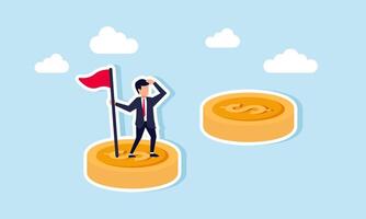 Businessman stands hold a flagpole above a dollar coin while monitoring the dollar coins in front of him, illustration of step by step achieving financial investment for financial freedom vector