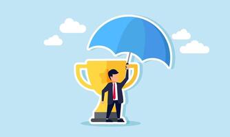A businessman standing next to a trophy, shielding it with an umbrella, illustration of maintaining integrity and performance in sustaining business achievements vector