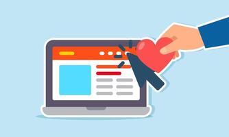 Giving a heart to a cursor pointing at a marketplace website on a laptop, illustration of giving ratings or attention to a business platform site vector