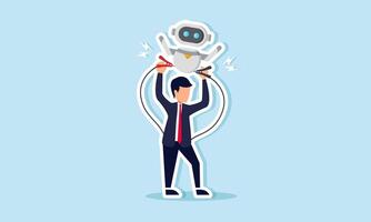 Businessman charging electricity to the AI robot above him, illustration of triggering AI prompts to improve business performance vector