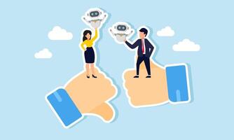 A businessman stands on a thumbs-up sign and a businesswoman on the opposite side, each holding an AI robot, illustration of differing opinions on using AI for company efficiency vector