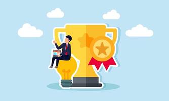 A businessman with a laptop sits on a lamp next to trophies and awards, illustration of applying relevant and great innovation and ideas to achieve business success and recognition vector